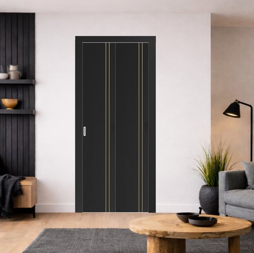 Складная дверь книжка Optima Porte двухстворчатая глухая Неаполь 205 с черной ABS кромкой с 4х сторон (Антрацит)