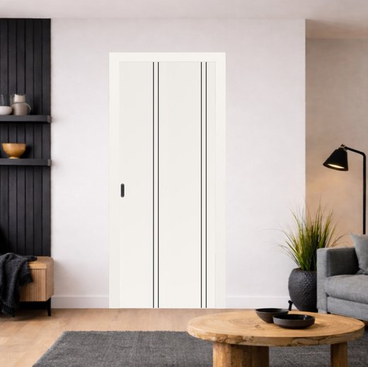 Складная дверь книжка Optima Porte двухстворчатая глухая Неаполь 205 с черной ABS кромкой с 4х сторон (Бежевый)