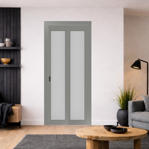 Складная дверь книжка Optima Porte остекленная Турин 501.2 (Серый / стекло Сатин)