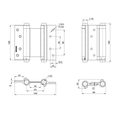 Пружинная двусторонняя (барная) петля DSH5 (125х86х1,5) INOX 201 CP хром (блистер), фото 3
