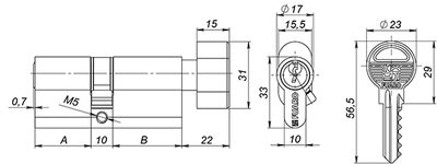 Цилиндровый механизм (100 ZM/60) 1000ZMKnob60(25+10+25) AB бронза 5Key с вертушкой, фото 3
